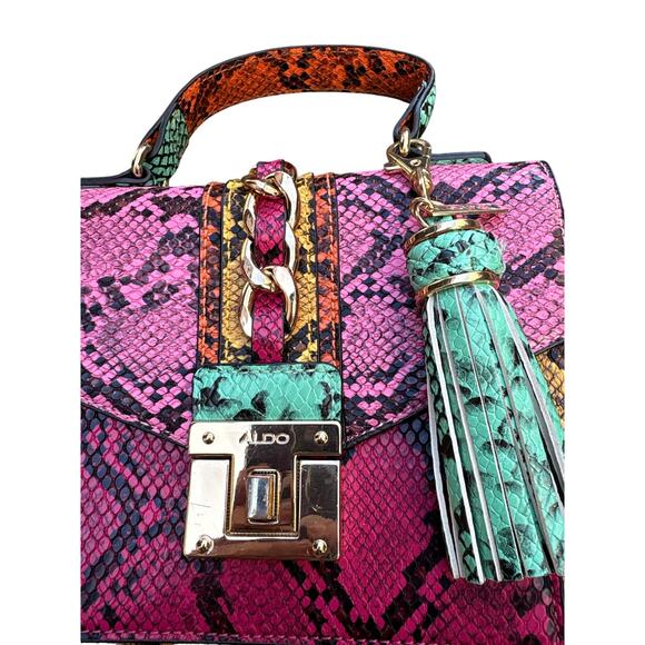 Snakeskin Patchwork Crossbody Satchel Bag Pink Multi Chain Tassel - Picture 3 of 6